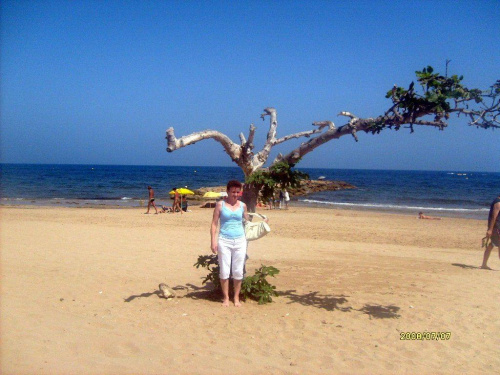 Hiszpania.Mama i drzewo na plaży