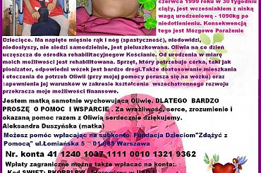 Oliwia Cichacka - mózgowe porażenie dziecięce -- http://pomagamy.dbv.pl/ #OliwiaCichacka #MózgowePorażenieDziecięce #pomagamydbvpl #StronaInformacyjna #ApelOPomoc #LudzkaTragedia #PomocPotrzebującym #PomocDziecku #pomoc #PomocCharytatywna #SOS