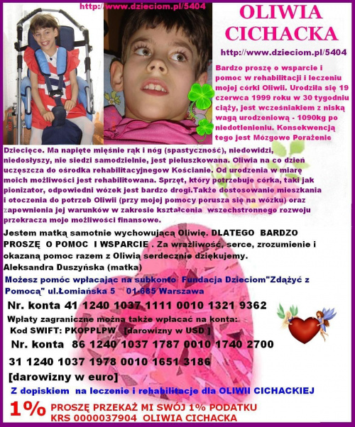 Oliwia Cichacka - mózgowe porażenie dziecięce -- http://pomagamy.dbv.pl/ #OliwiaCichacka #MózgowePorażenieDziecięce #pomagamydbvpl #StronaInformacyjna #ApelOPomoc #LudzkaTragedia #PomocPotrzebującym #PomocDziecku #pomoc #PomocCharytatywna #SOS