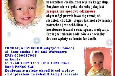 Kacper Rakoczy - rozszczep kręgosłupa z wodogłowiem wrodzonym ---
http://pomagamy.dbv.pl/ #KacperRakoczy #RozszczepKręgosłupa #wodogłowie #pomagamydbvpl #StronaInformacyjna #ApelOPomoc #LudzkaTragedia #PomocPotrzebującym #PomocDziecku #pomoc