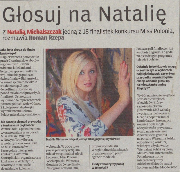 #NataliaMichalszczak #MissPolonia #Miss #MissWikliny #MissParowozów #Płomień #PłomieńPrzyprostynia #Przyprostynia #Zbąszyń #RegionKozła #TVP2 #ZbąszyńskieCentrumKultury #SMS #głosowanie #GalaFinałowa #MissPolonia2010 #wywiad #RomanRzepa