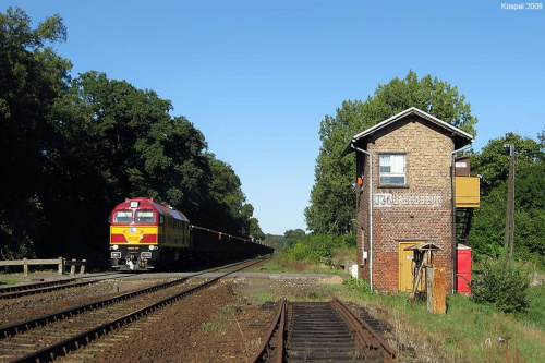 31.08.2008 (Dąbroszyn) M62M-007 z pociągiem towarowym spółki Rail Polska rel.Strzelce Kraj Wsch - Niemcy opuszcza Dąbroszyn.